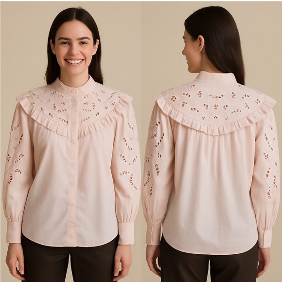 H&M Light Pink Blouse with Eyelet Sleeves Ruffle Shirt Long Sleeve Size Small - Picture 1 of 7